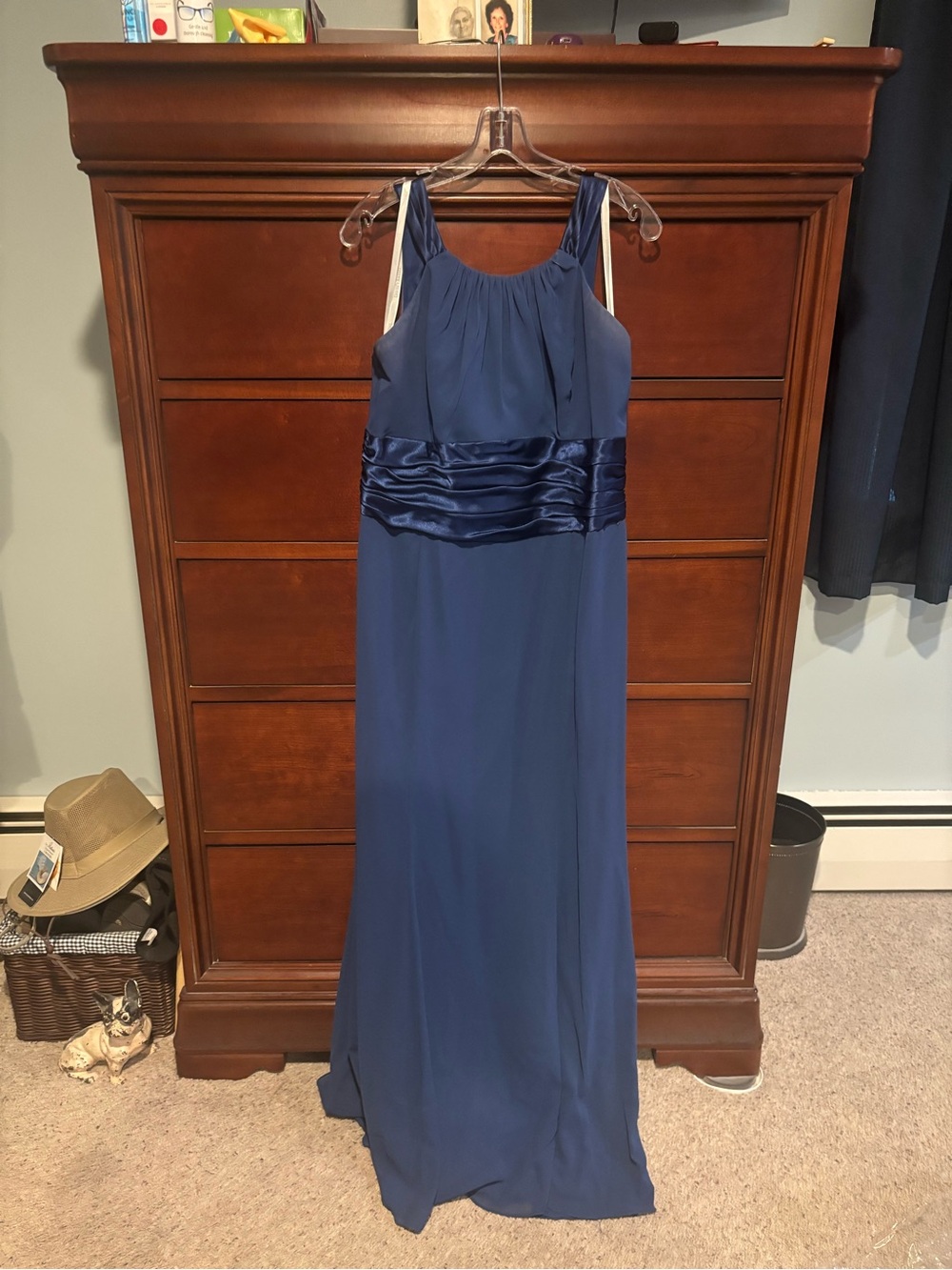 David's Bridal Navy Blue Sleeveless Maxi Dress with Satin Waist